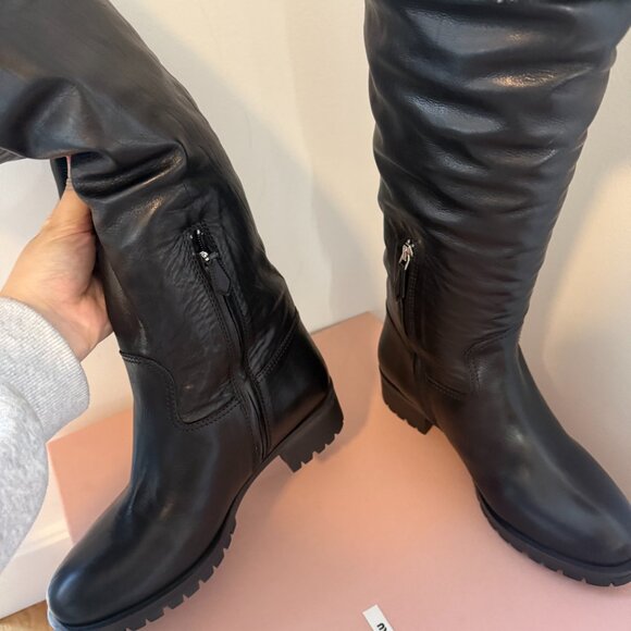 NWT Miu Miu Tall Boots Shearling Black Leather Round Toe Low Block Heels Sz 38 - Picture 7 of 11